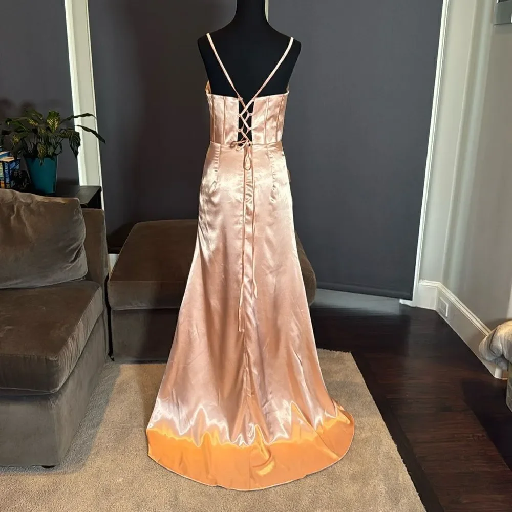 Women Full Length Prom Party Dress CrissCross Straps Leg Slit Size 8 *READ FLAWS